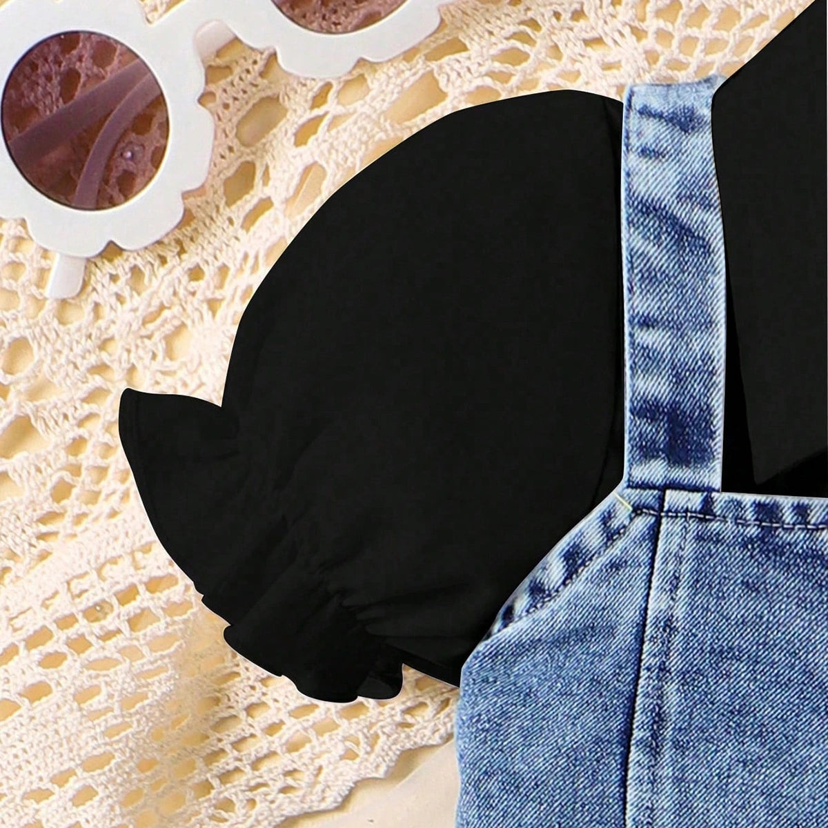 Girls Black Puff Sleeve Layered Dress With Denim Jacket Casual Dresses