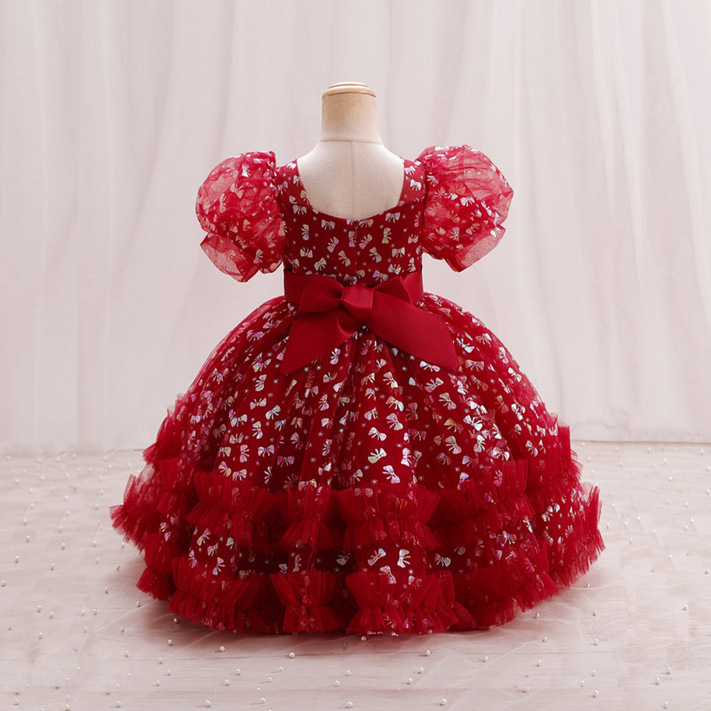 Girls Puff Sleeve Foil Print Fit & Flare Dress Party Dresses   