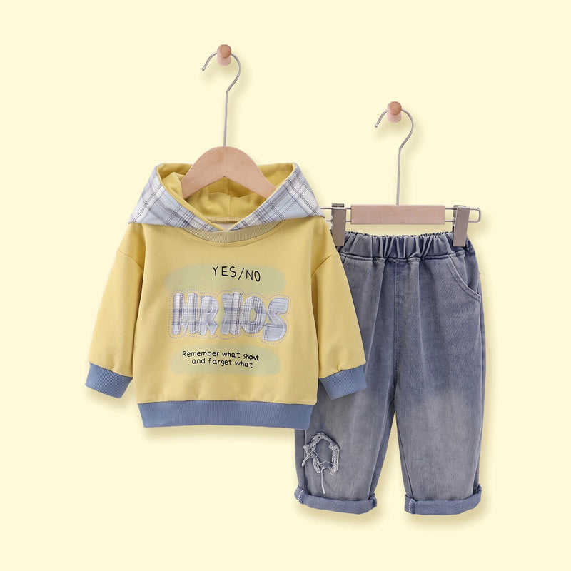 Boys Yellow Typographic Sweatshirt With Denim Pants Sets 2 pc. Sets Yellow 1-2 Y