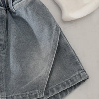 Girls Red 3D Flower Applique One Shoulder Top With Denim Skorts Set Sets
