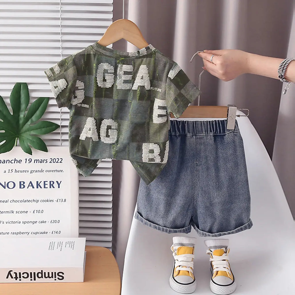 Boys Army Green Typographic Printed Short Sleeves T-Shirt With Denim Shorts Sets 2 pc. Sets