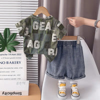 Boys Army Green Typographic Printed Short Sleeves T-Shirt With Denim Shorts Sets 2 pc. Sets