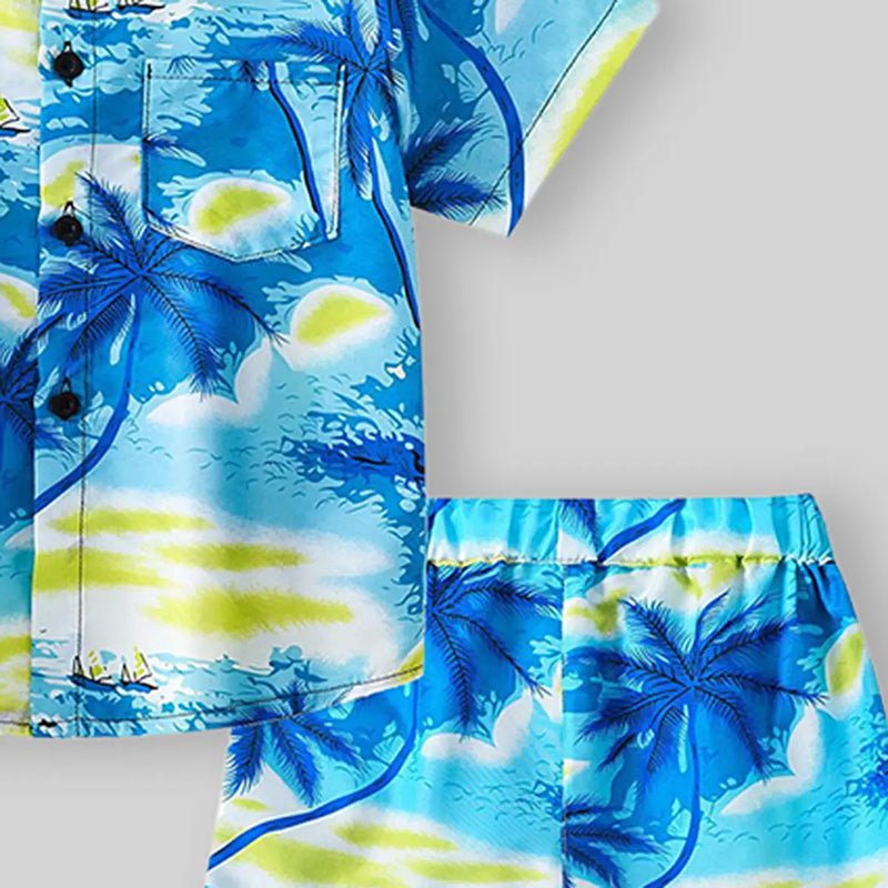 Boys Light Blue Tropical Print Button-Down Shirt With Shorts & Hat Co-ord Sets Sets