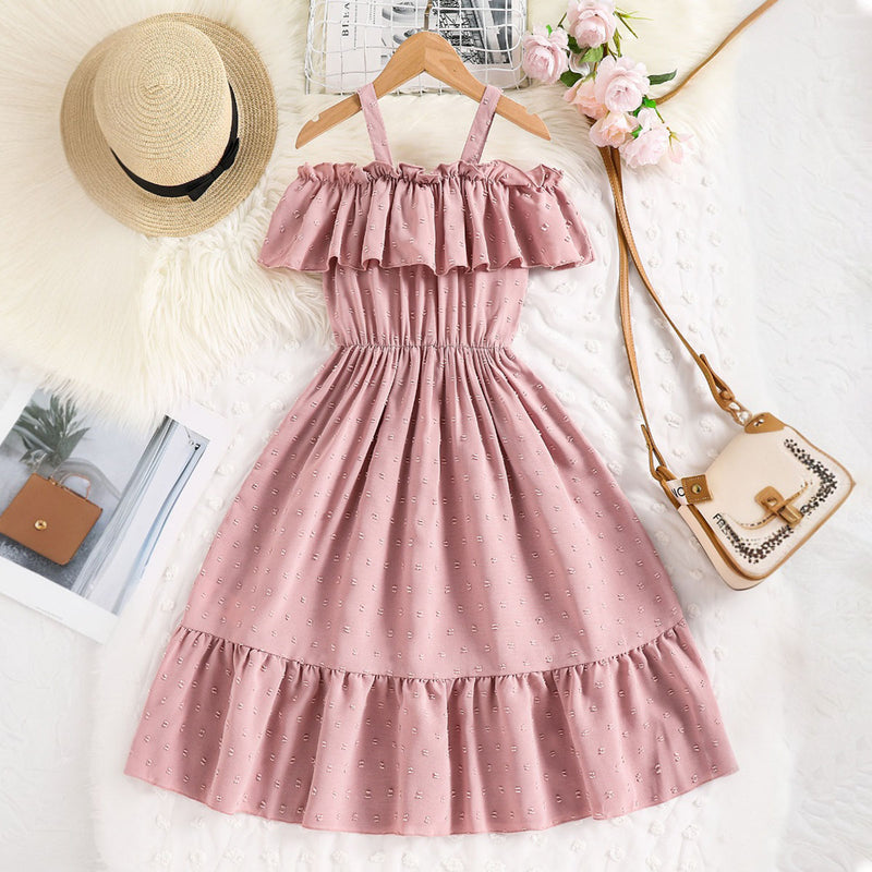 Girls Pink Swiss Dot Cold-Shoulder Ruffle Dress Casual Dresses