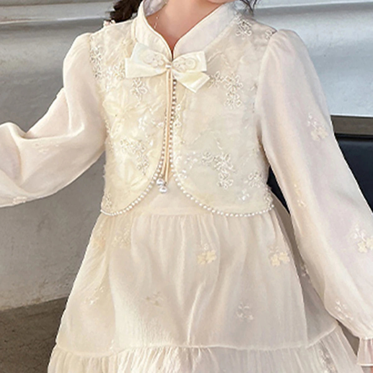 Girls Off White Embroidered Tiered Party Dress With Long Sleeves Party Dresses