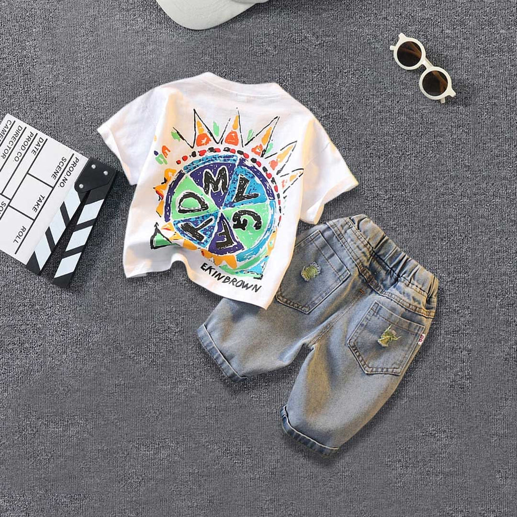 Boys White Graphic Print T-Shirt With Denim Shorts Set Sets White 1-2 Y 