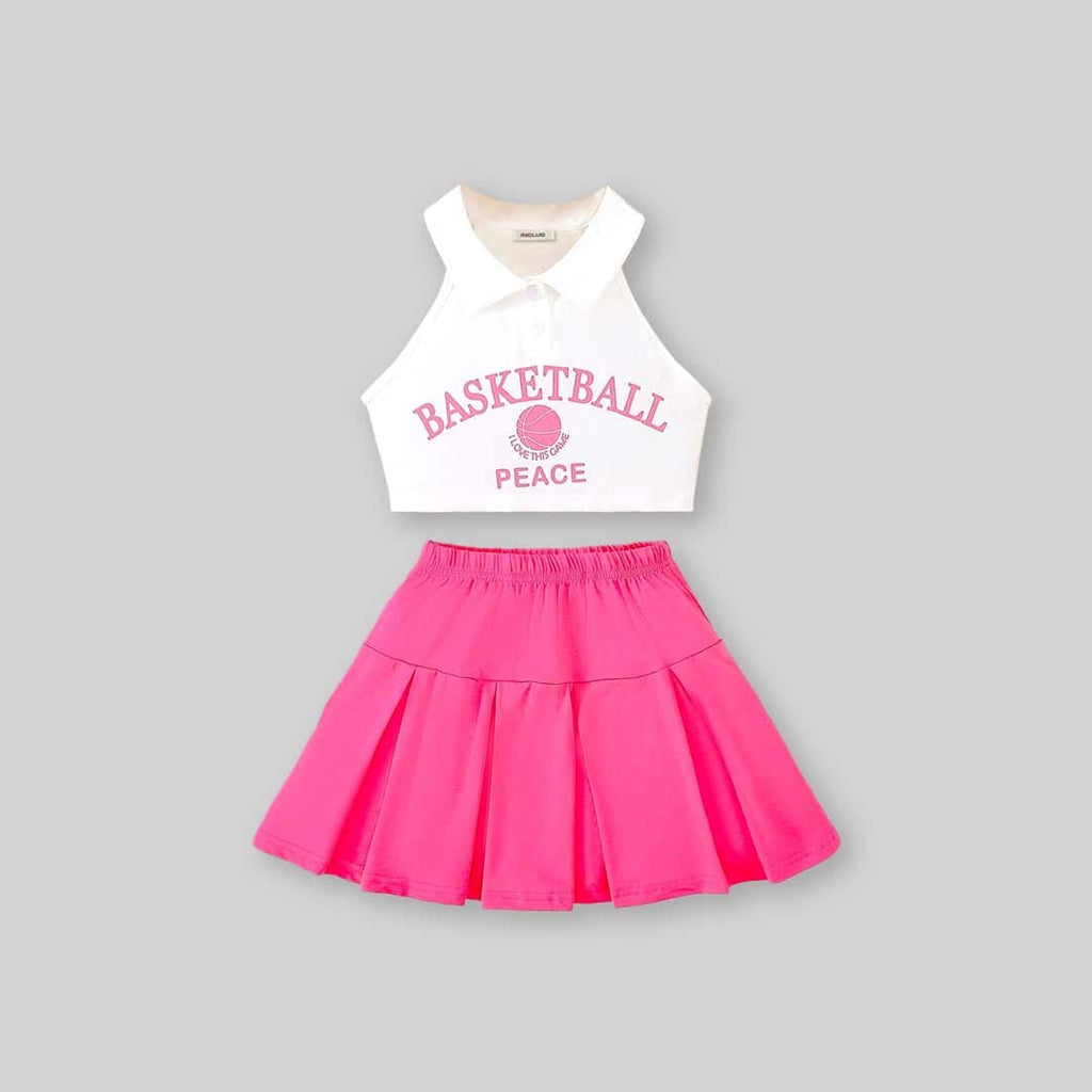Girls Graphic Halter Top With Pleated Skirt Set