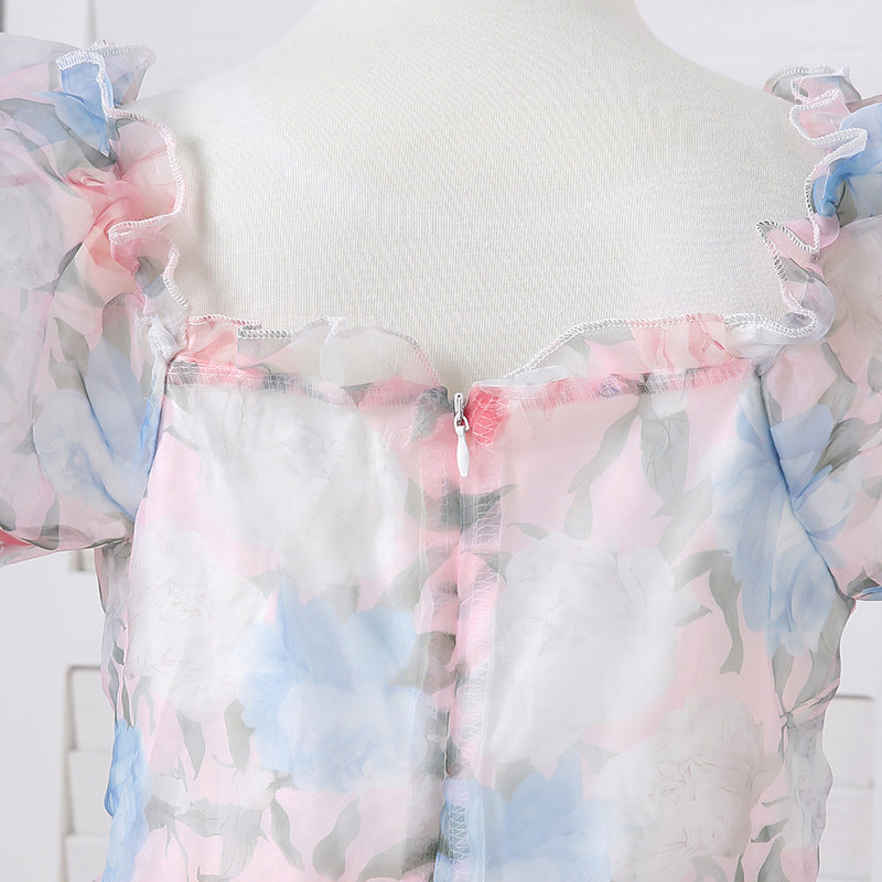 Girls Multicolor Puff Sleeve Floral Print Fit & Flare Dress Casual Dresses