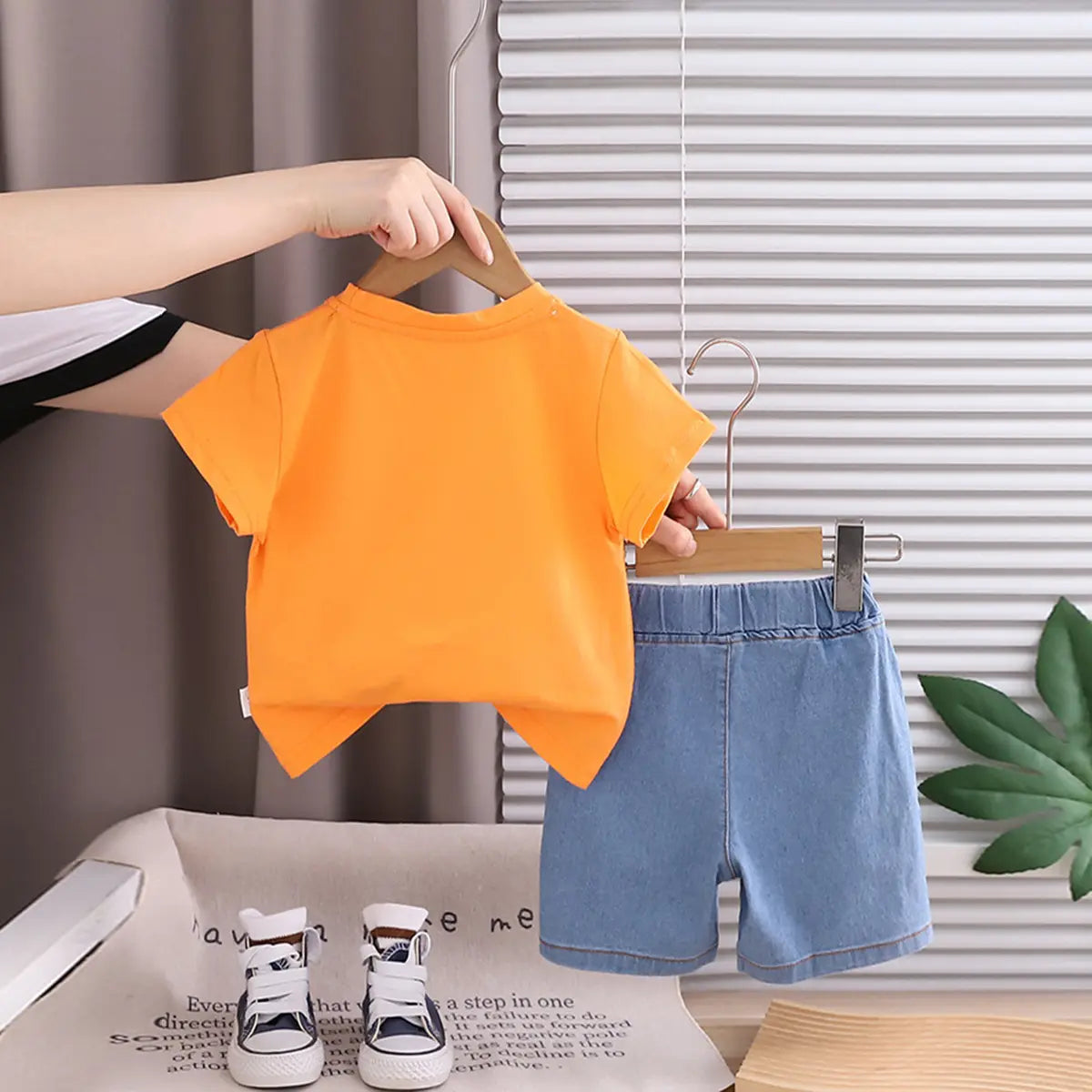 Boys Orange Pineapple Printed Round Neck T-Shirt With Denim Shorts Sets 2 pc. Sets