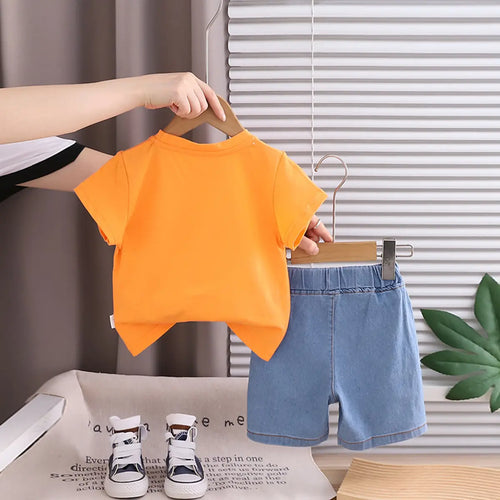 Boys Orange Pineapple Printed Round Neck T-Shirt With Denim Shorts Sets 2 pc. Sets