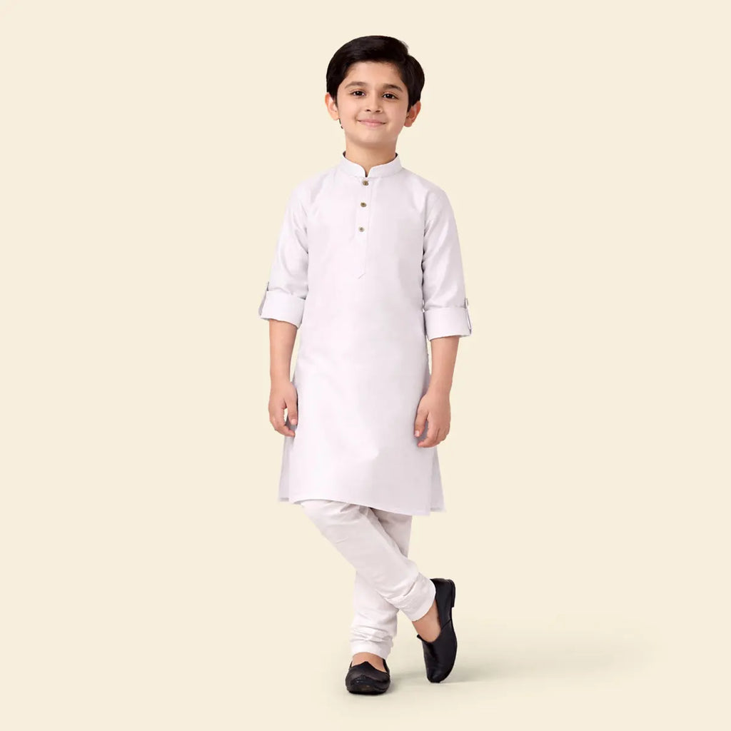 Boys White Ethnic wear Cotton Long Sleeve Kurta With Pyjama Set Ethnicwear Boys White 1-2 Y
