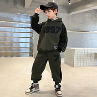 Boys Army Green Numeric Printed Oversized Hooded Sweatshirt With Jogger Co-ord Sets Sets