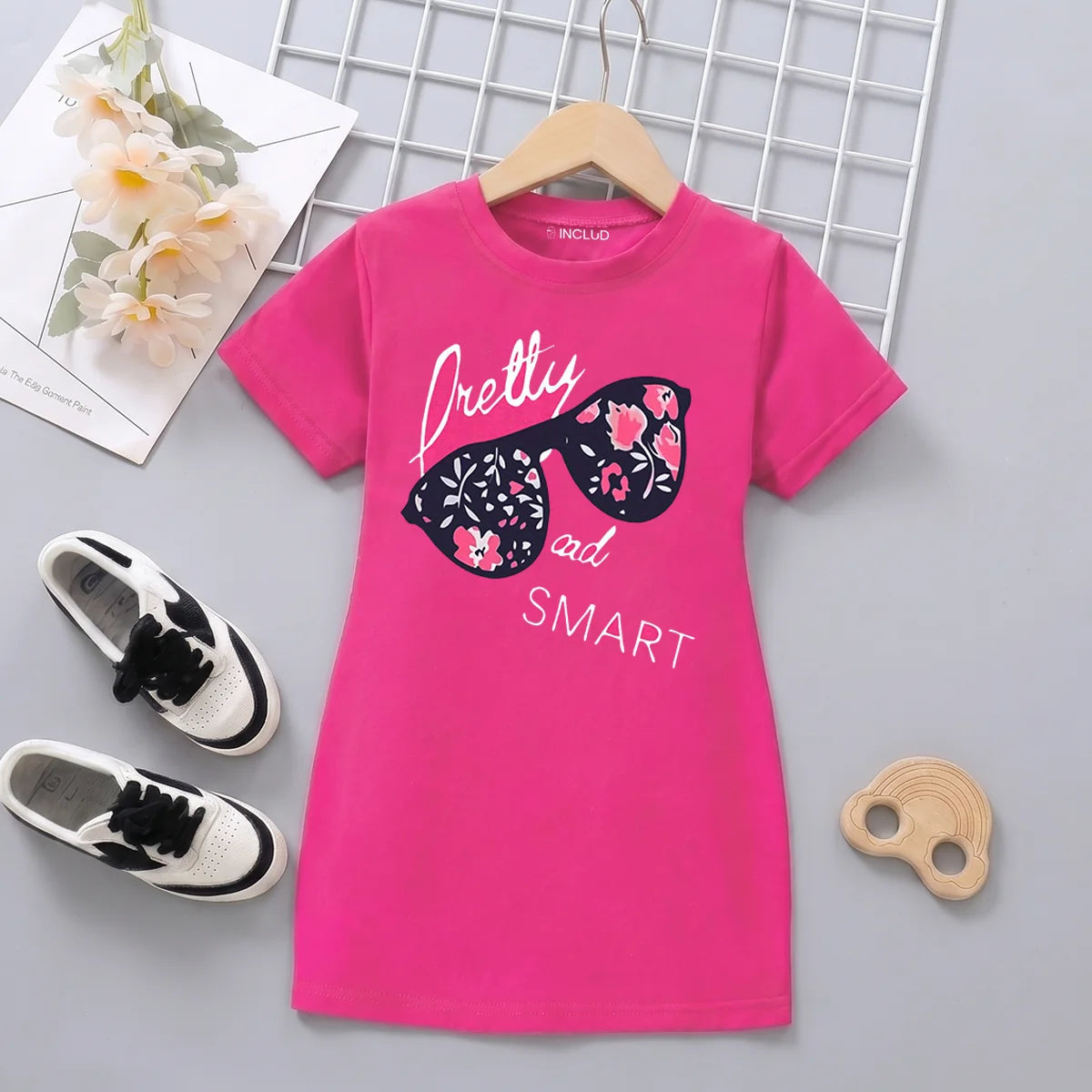 Girls Fuchsia Sunglasses Graphic Short Sleeve T-Shirt Dress Casual Dresses Fuchsia 4-5 Y