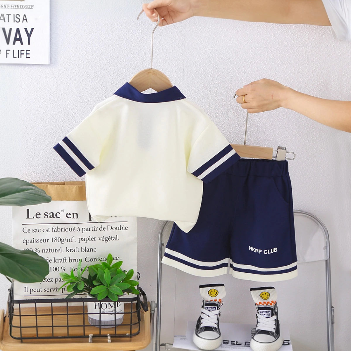 Boys Off White Typographic Print Polo T-Shirt With Shorts Set Sets
