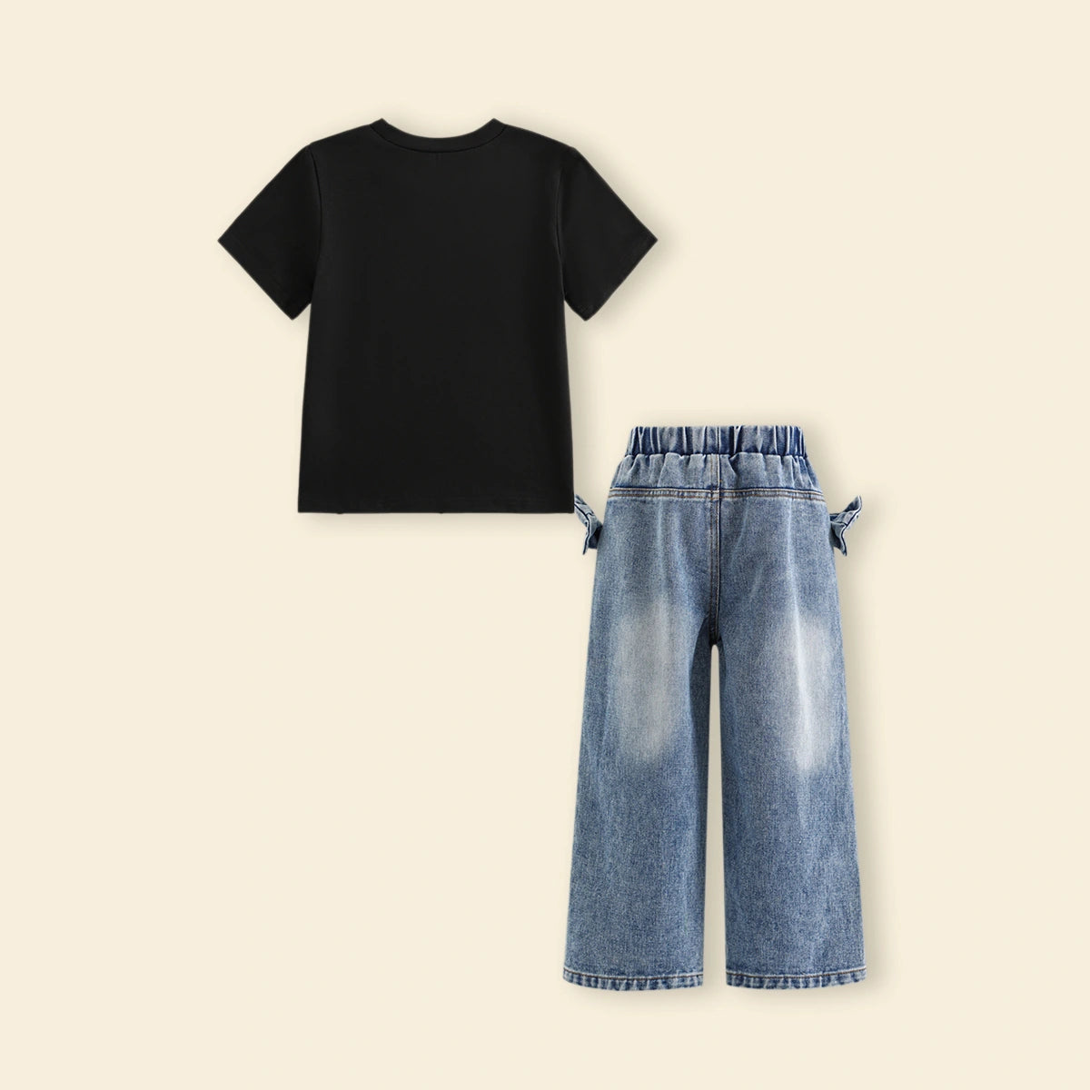 Girls Black Bow Print Short Sleeves T-Shirt With Denim Wide-Leg Pants Set Sets
