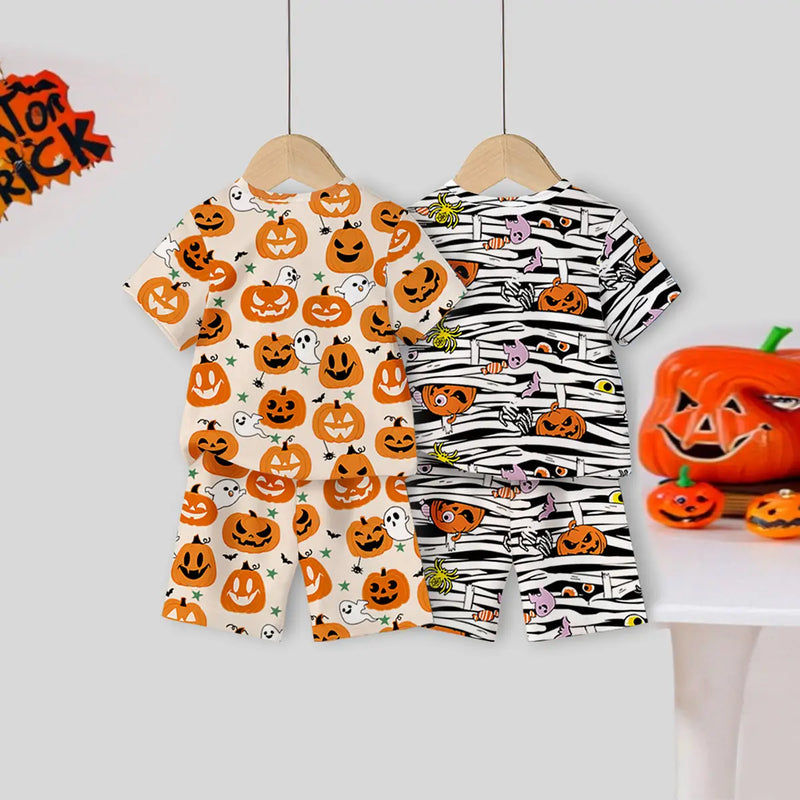 Boys Multicolor Halloween Pumpkin Printed T-Shirt With Shorts Sets Pack Of 2 Sets