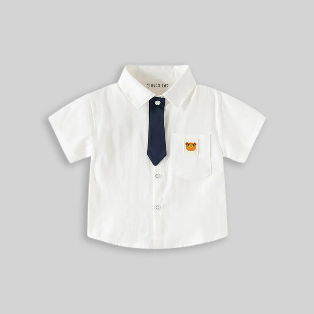 Boys White Short Sleeve Shirt with Bear Patch Pocket Shirts