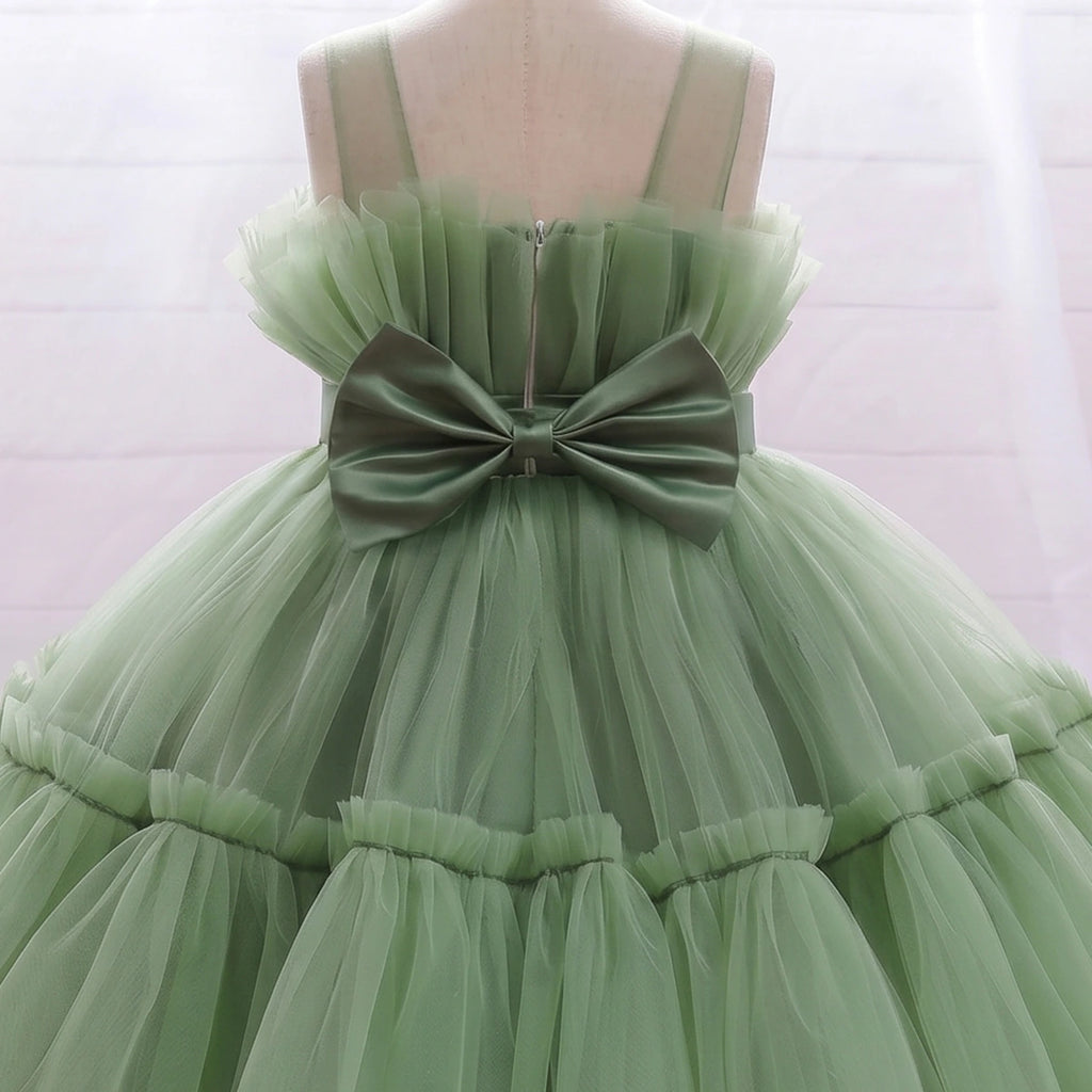 Girls Olive Green Sleeveless Tutu Partywear Dress With Back Bow Party Dresses