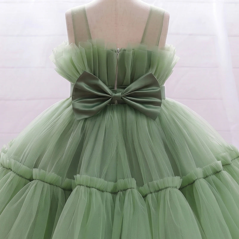 Girls Olive Green Sleeveless Tutu Partywear Dress With Back Bow Party Dresses