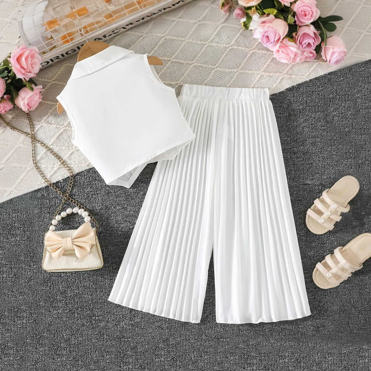 Girls White Sleeveless Blazer Top With Pleated Flared Pant Co-ord Sets Sets