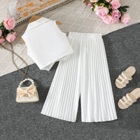 Girls White Sleeveless Blazer Top With Pleated Flared Pant Co-ord Sets Sets