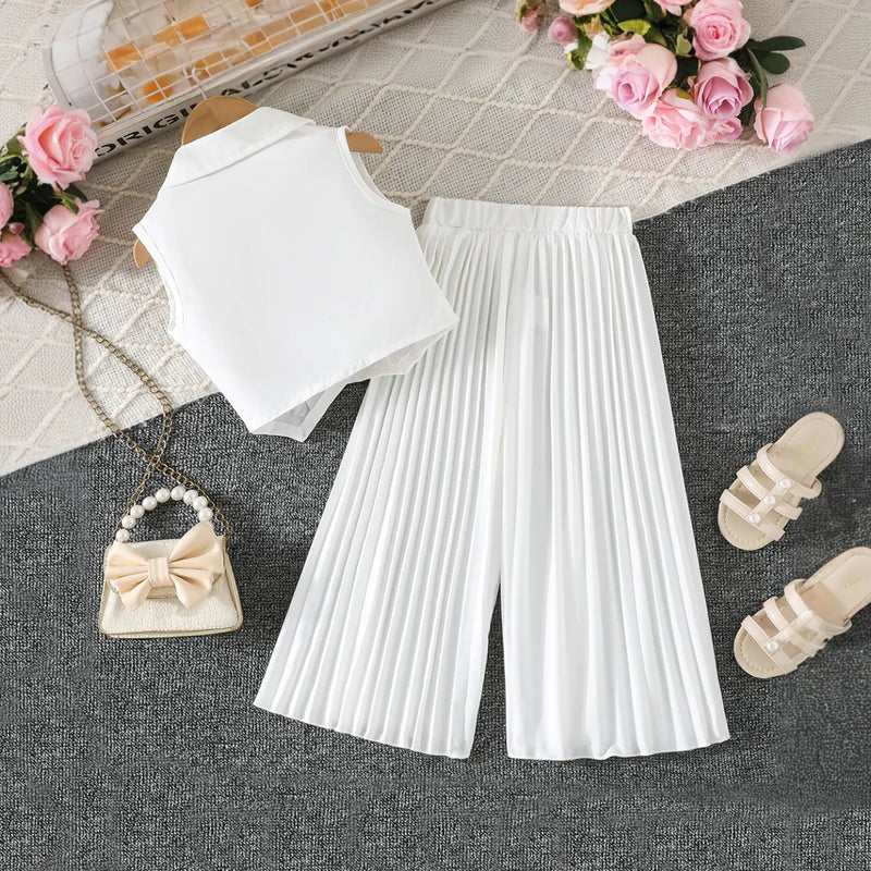 Girls White Sleeveless Blazer Top With Pleated Flared Pant Co-ord Sets Sets