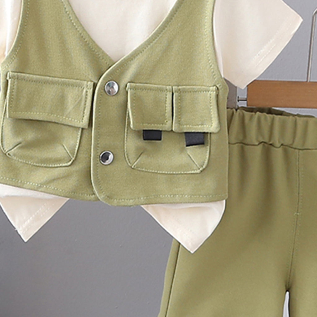 Boys Green Short Sleeves Attached Waistcoat T-Shirt With Shorts Set 2 pc. Sets