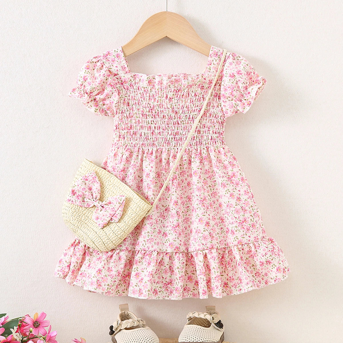 Girls Pink Floral Printed Square Neck Fit & Flare Dress Casual Dresses Pink 2-3 Y