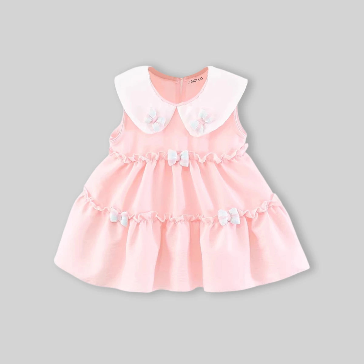 Girls Light Pink Tiered A-Line Dress With Bows Details Casual Dresses