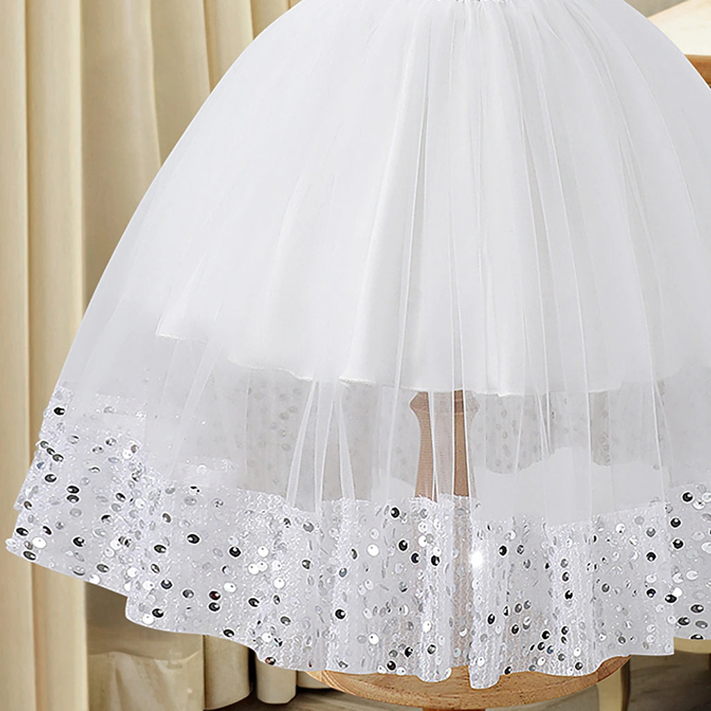 Girls White Sequin Embellished Sleeveless Fit & Flare Dress Casual Dresses