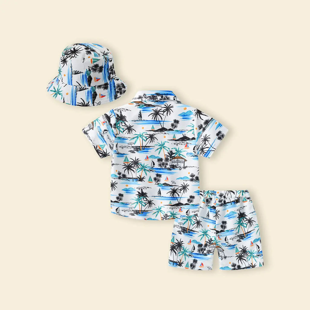 Boys White Tropical Print Button-Down Shirt With Shorts & Hat Co-ord Sets Sets