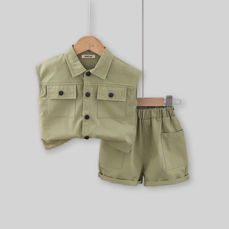 Boys Double Pocket Shirt With Elasticated Shorts 2 pc. Sets   