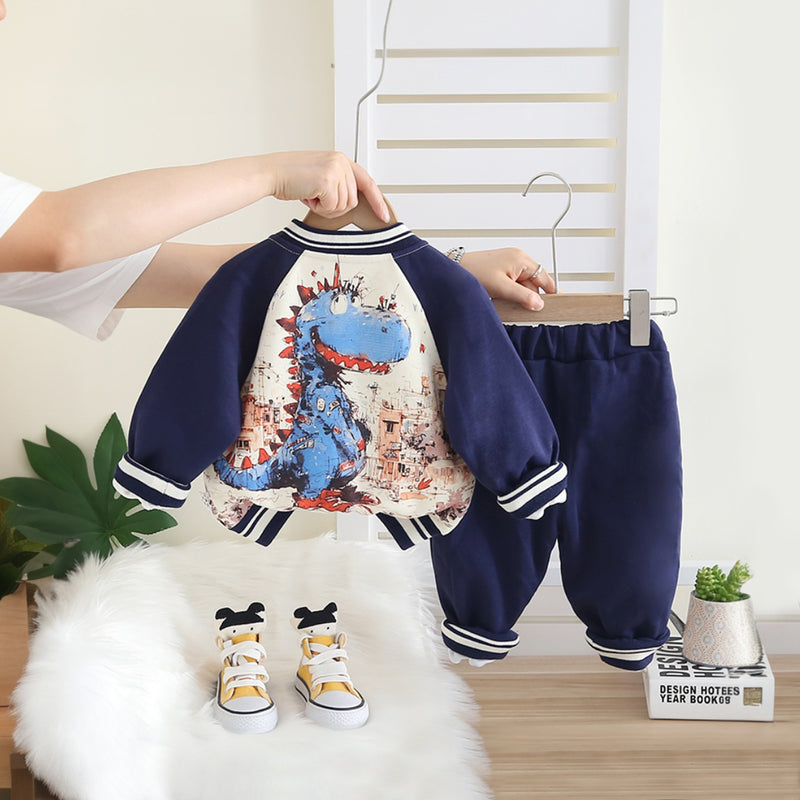 Boys Blue Dinosaur Printed Jacket With T-Shirt and Pants Set 3 pc. Sets