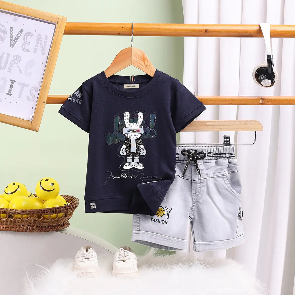 Boys Navy Blue Graphics Short Sleeve T-Shirt With Elasticated Shorts Sets 2 pc. Sets Navy Blue 9-12 M