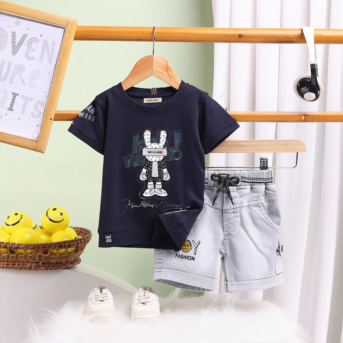 Boys Navy Blue Graphics Short Sleeve T-Shirt With Elasticated Shorts Sets 2 pc. Sets Navy Blue 9-12 M