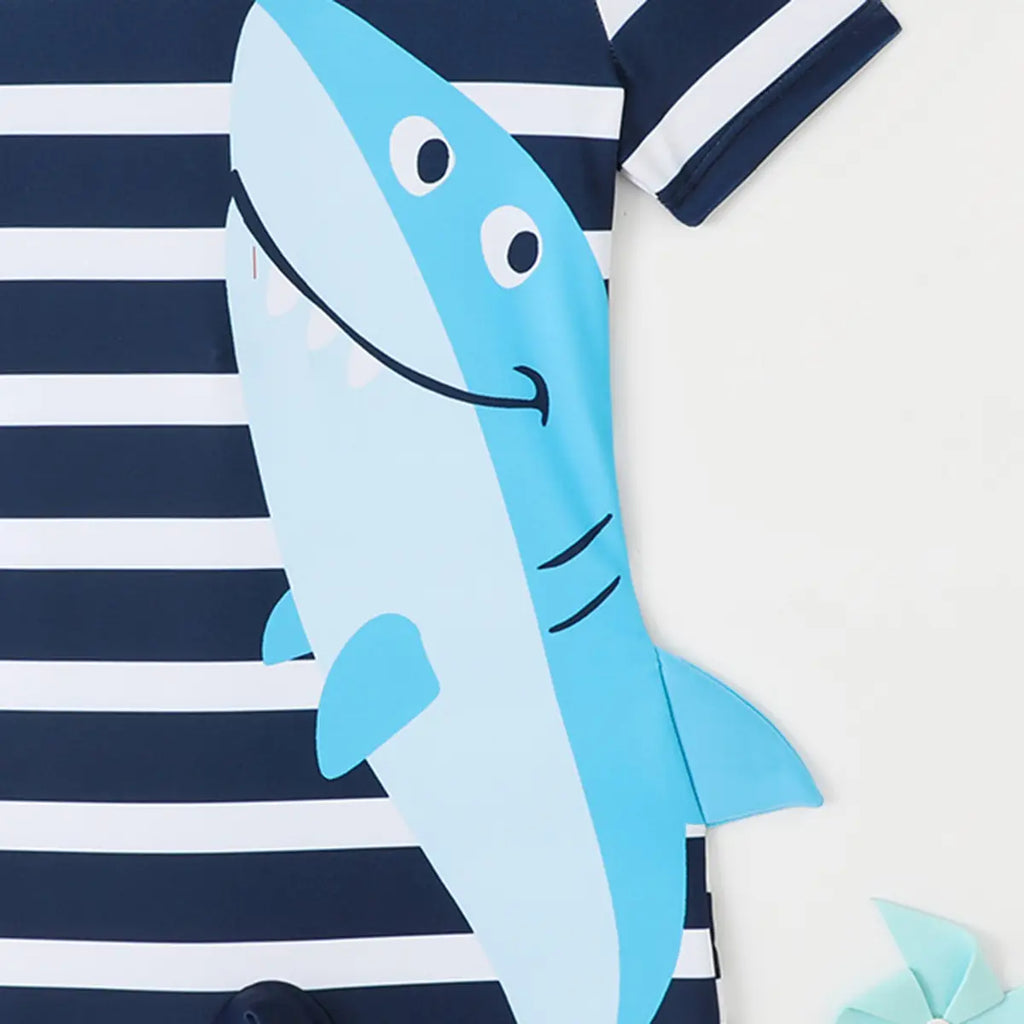 Boys Navy Blue Stripes Short Sleeves Swimwear Bodysuit Beachwear