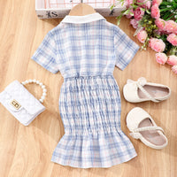 Girls Blue Tartan Check Smocked Skirt Shirt Dress Casual Dresses