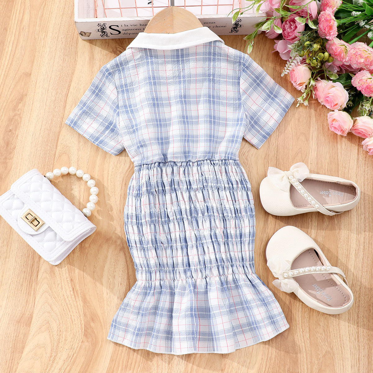 Girls Blue Tartan Check Smocked Skirt Shirt Dress Casual Dresses