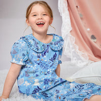 Girls Blue Tropical Printed Peter Pan Collar Top with Pajamas Nightsuit Set Sleepwear Sets
