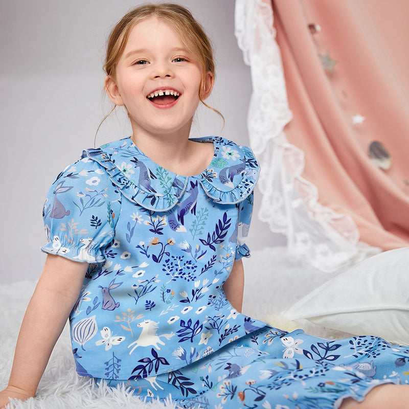 Girls Blue Tropical Printed Peter Pan Collar Top with Pajamas Nightsuit Set Sleepwear Sets