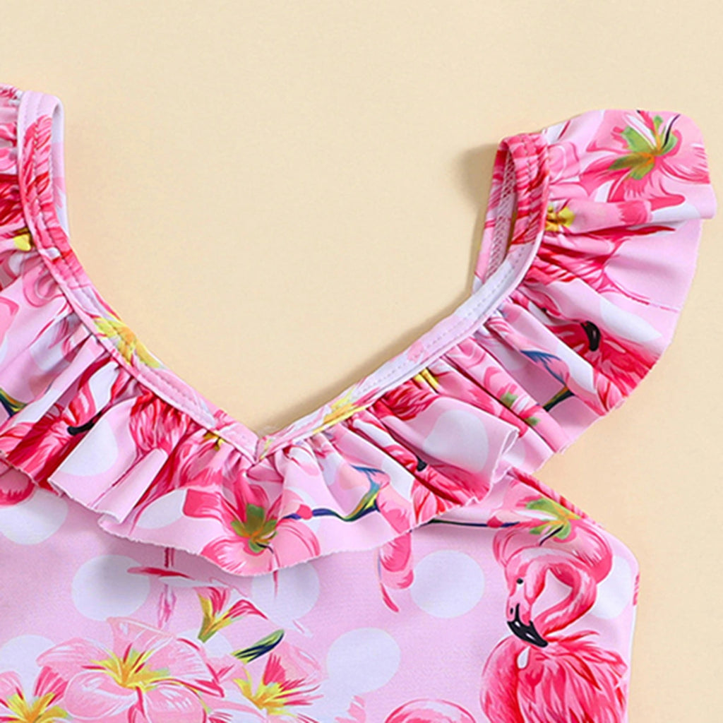 Girls Pink Flamingo Printed Sleeveless Swimwear Bodysuit Beachwear