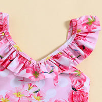 Girls Pink Flamingo Printed Sleeveless Swimwear Bodysuit Beachwear