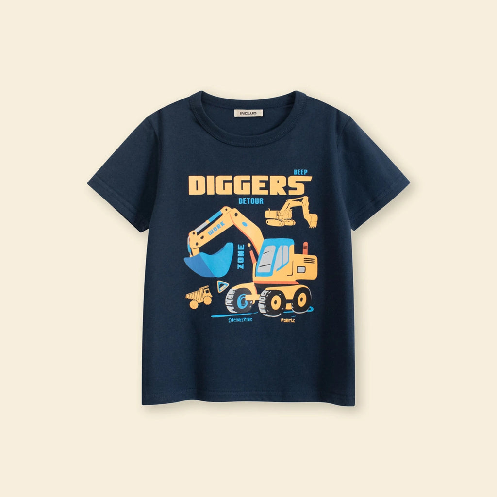 Boys Dark Blue Crane Cartoon Printed Short Sleeves T-Shirt Tshirts