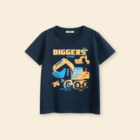 Boys Dark Blue Crane Cartoon Printed Short Sleeves T-Shirt Tshirts