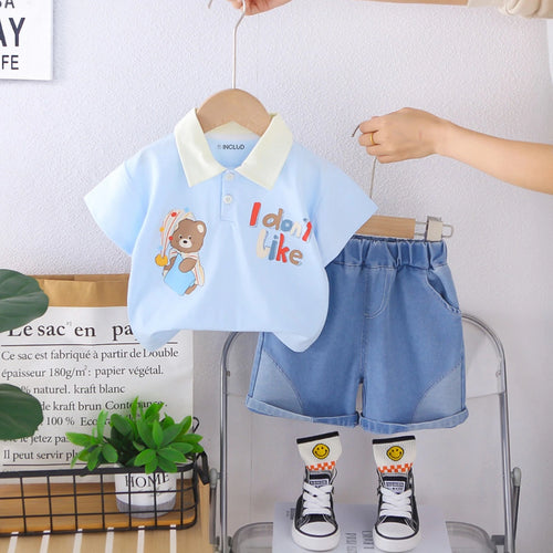 Boys Sky Blue Bear Printed Polo T-Shirt With Denim Shorts Set Sets Sky Blue 1-2 Y