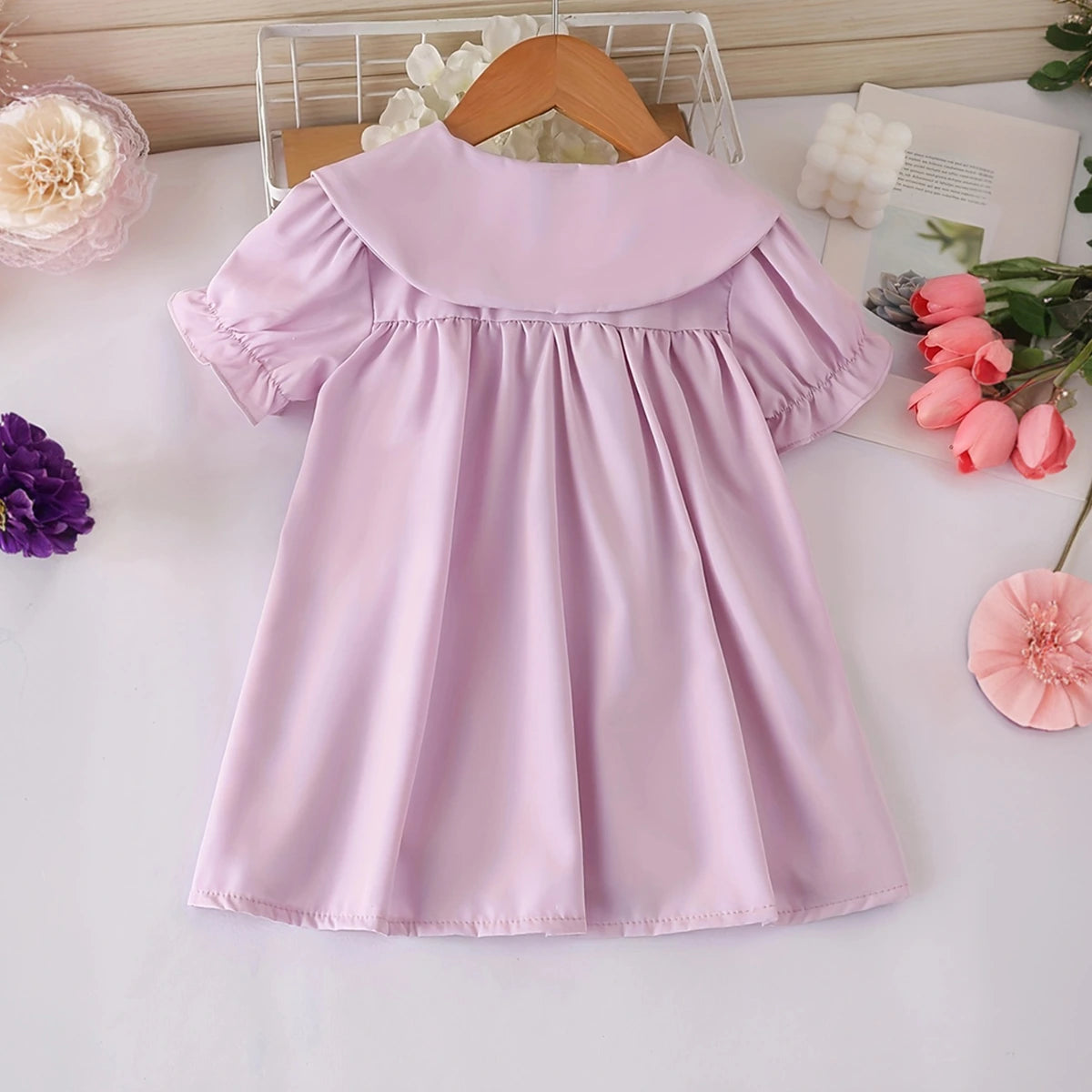 Girls Purple Puff Sleeves Pleated A-line Dress With Bow Details Casual Dresses