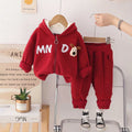 Boys Red Letters Embroidered Fleece Hooded Zipper Jacket With Jogger Co-ord Sets Sets Red 1-2 Y