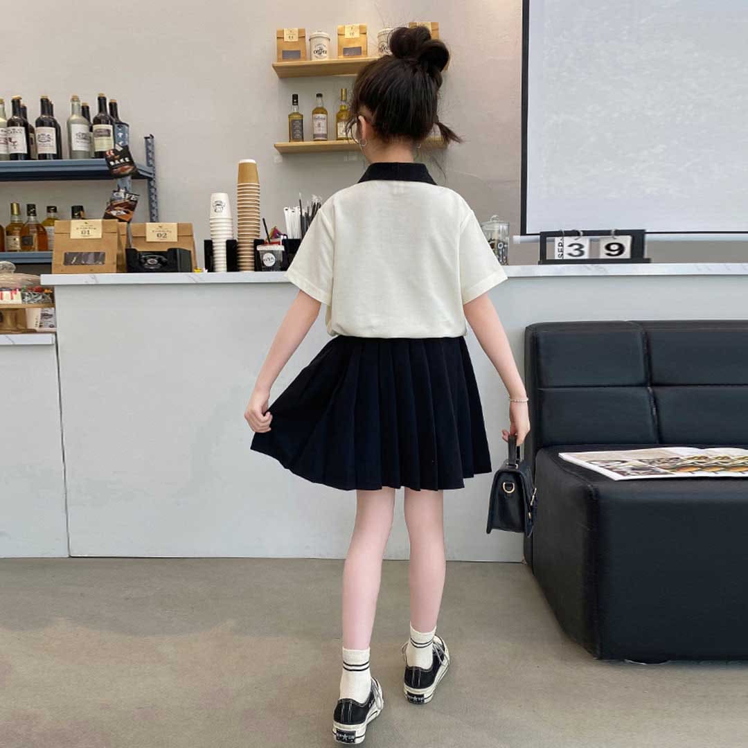 Girls Short Sleeve Polo T-Shirt With Pleated Skirt Set Sets   
