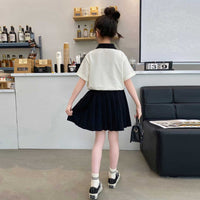 Girls Short Sleeve Polo T-Shirt With Pleated Skirt Set Sets   