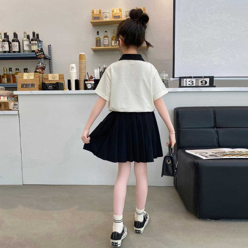 Girls Short Sleeve Polo T-Shirt With Pleated Skirt Set Sets   